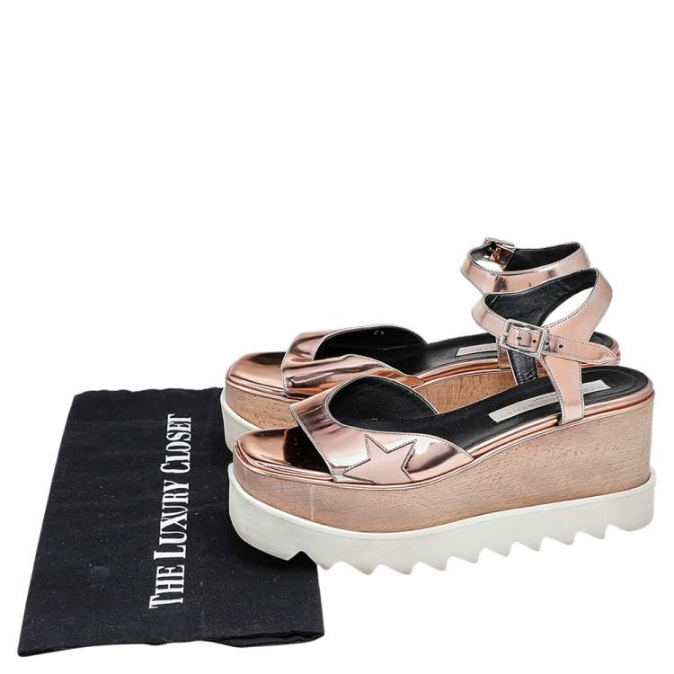 Pre Owned Stella McCartney Metallic Rose Gold Faux Patent Leather Elyse Star Platform Ankle Strap Sandals Size 37