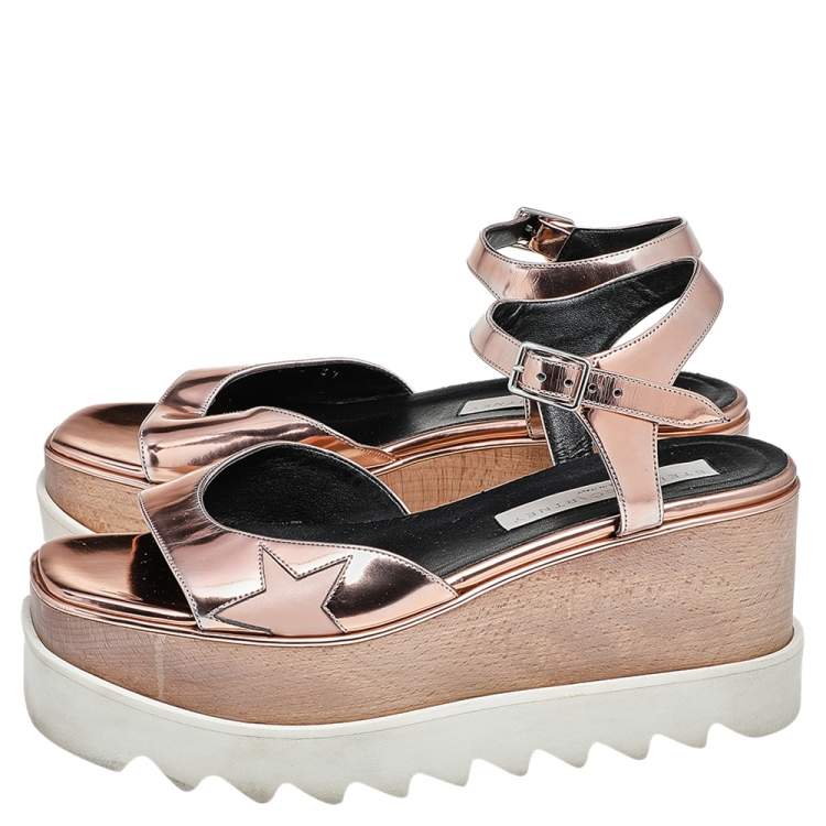 Pre Owned Stella McCartney Metallic Rose Gold Faux Patent Leather Elyse Star Platform Ankle Strap Sandals Size 37