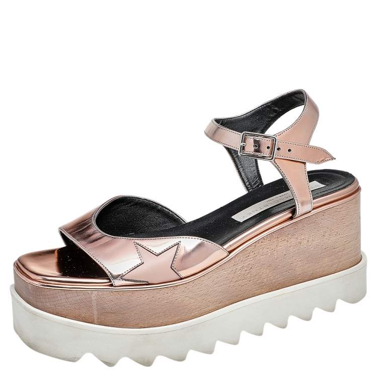 Pre Owned Stella McCartney Metallic Rose Gold Faux Patent Leather Elyse Star Platform Ankle Strap Sandals Size 37