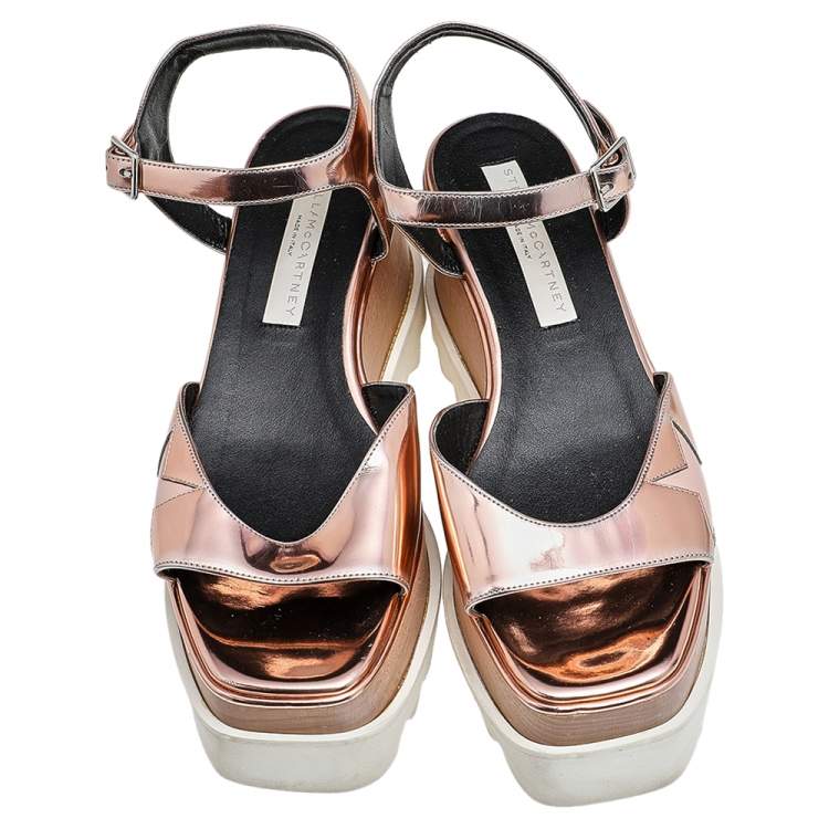 Pre Owned Stella McCartney Metallic Rose Gold Faux Patent Leather Elyse Star Platform Ankle Strap Sandals Size 37