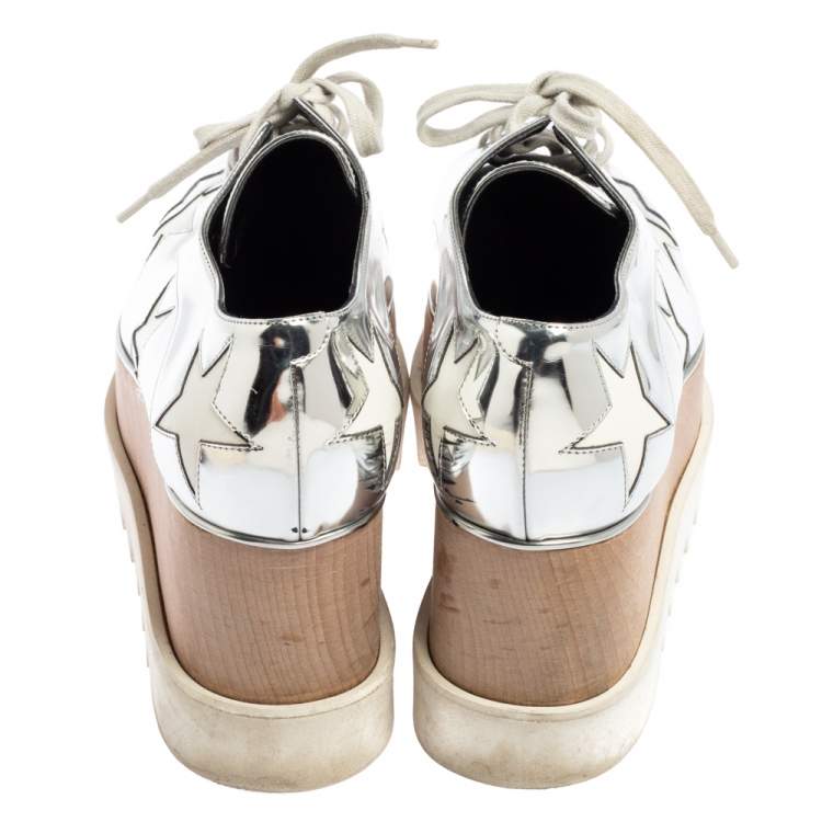 Pre Owned Stella McCartney Silver/White Faux Leather And Elyse Star Platform Derby Size 38.5