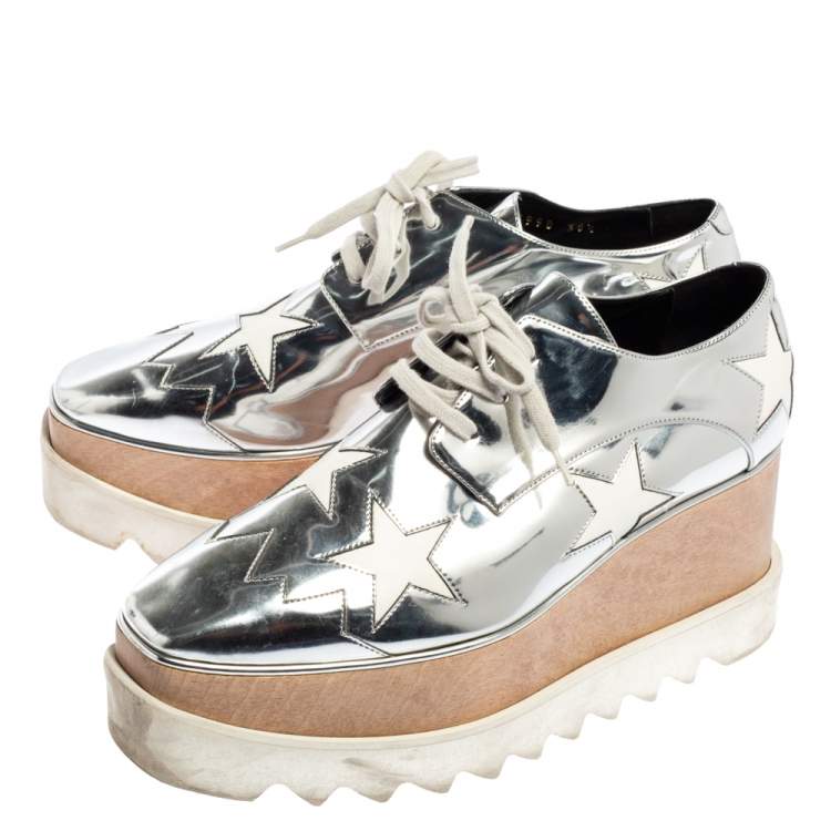Pre Owned Stella McCartney Silver/White Faux Leather And Elyse Star Platform Derby Size 38.5