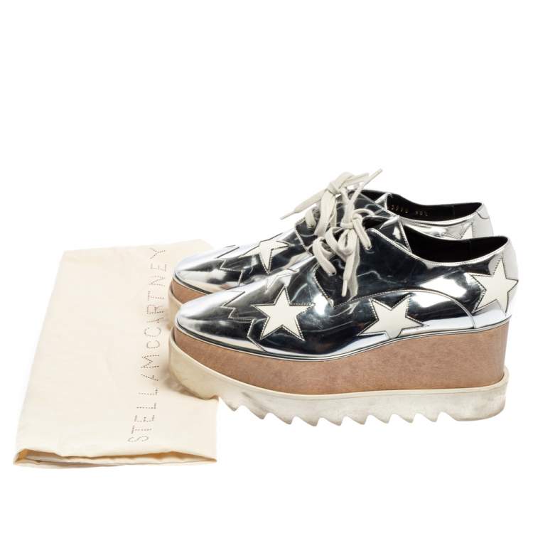 Pre Owned Stella McCartney Silver/White Faux Leather And Elyse Star Platform Derby Size 38.5