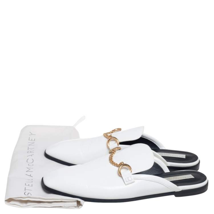 Pre Owned Stella McCartney White  Faux Patent Leather Chain Slide Mules Size 40