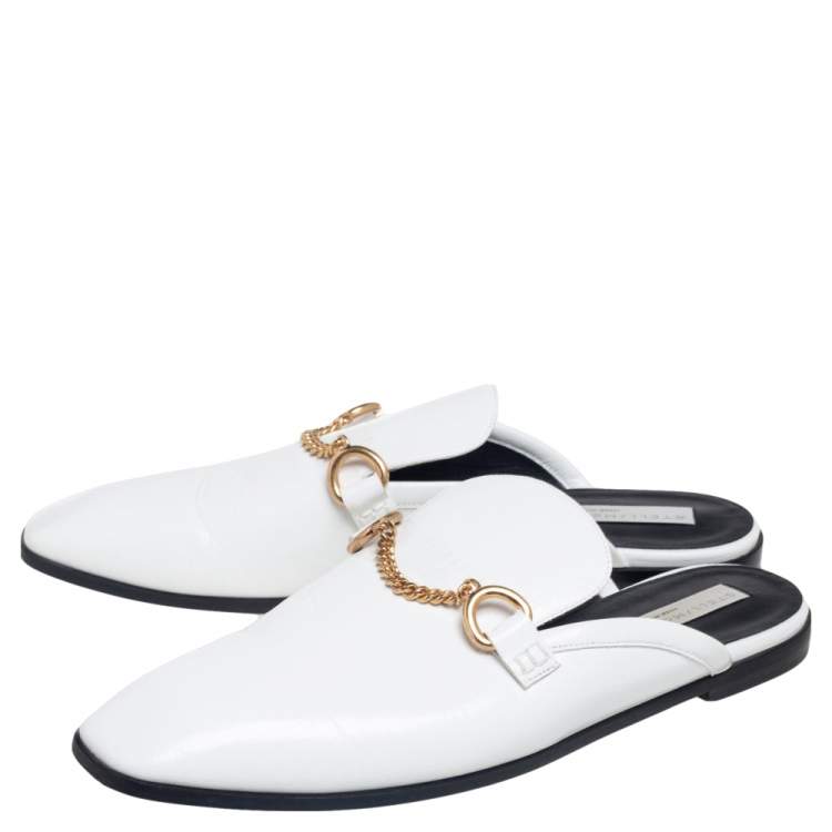 Pre Owned Stella McCartney White  Faux Patent Leather Chain Slide Mules Size 40