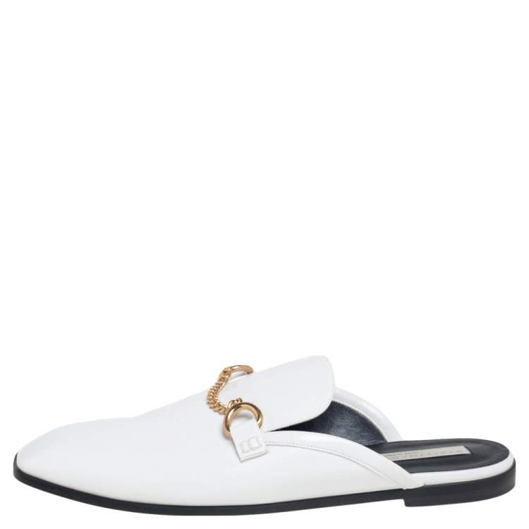 Pre Owned Stella McCartney White  Faux Patent Leather Chain Slide Mules Size 40
