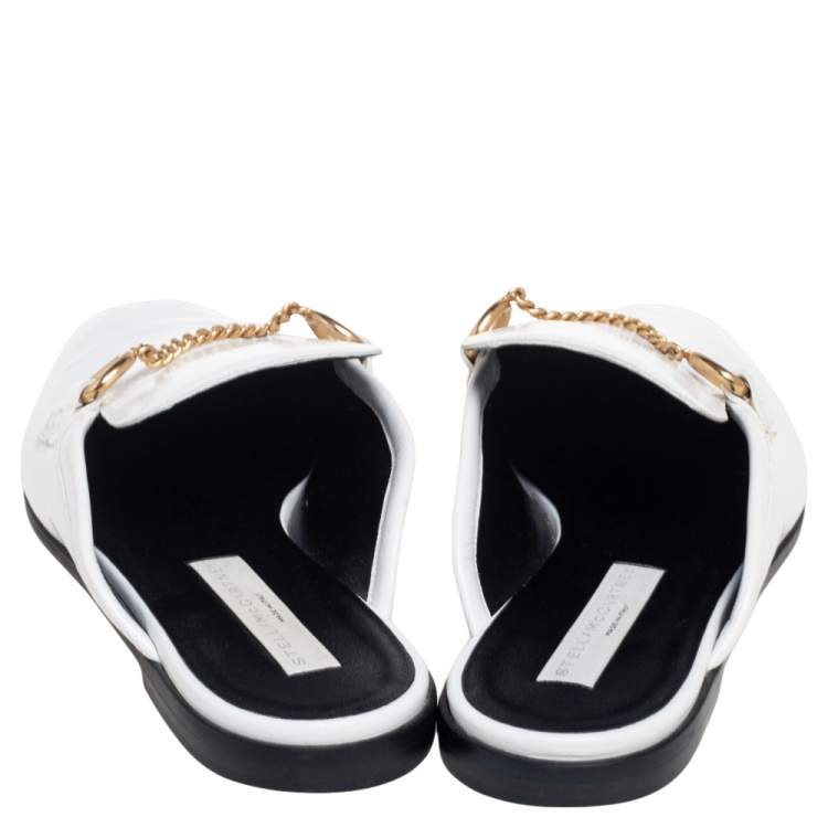 Pre Owned Stella McCartney White  Faux Patent Leather Chain Slide Mules Size 40