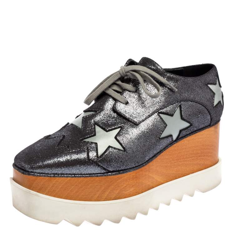 Pre Owned Stella McCartney Metallic Grey Faux Suede Elyse Star Platform Derby Size 38.5
