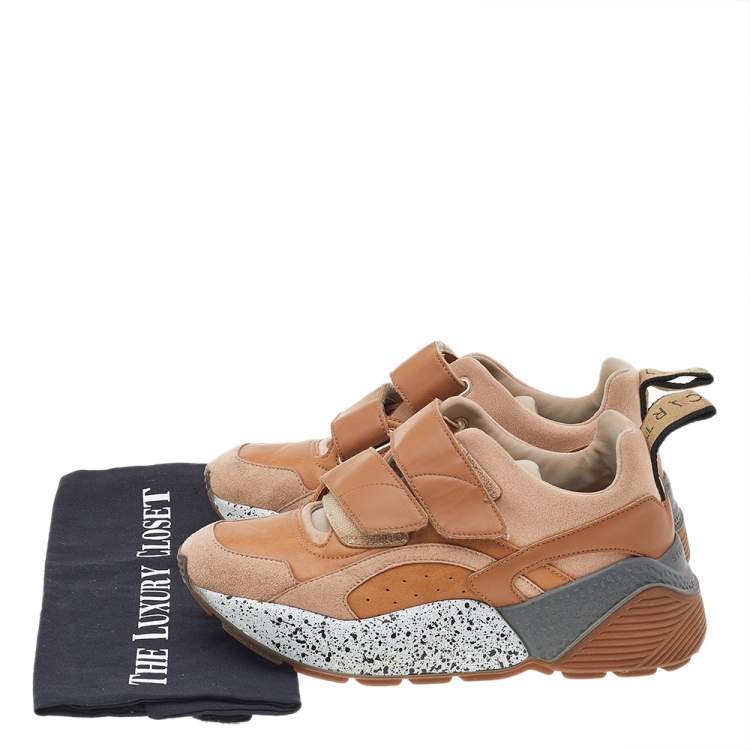 Pre Owned Stella McCartney Brown Faux Leather And Faux Suede Eclypse Velcro Strap Sneakers Size 37