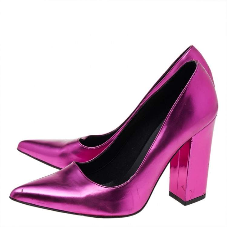 Pre Owned Stella McCartney Metallic Pink Faux Leather Block Heel Pointed-Toe Pumps Size 36