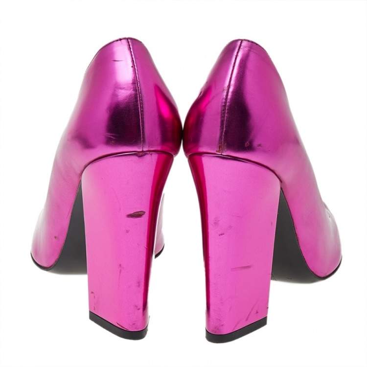 Pre Owned Stella McCartney Metallic Pink Faux Leather Block Heel Pointed-Toe Pumps Size 36