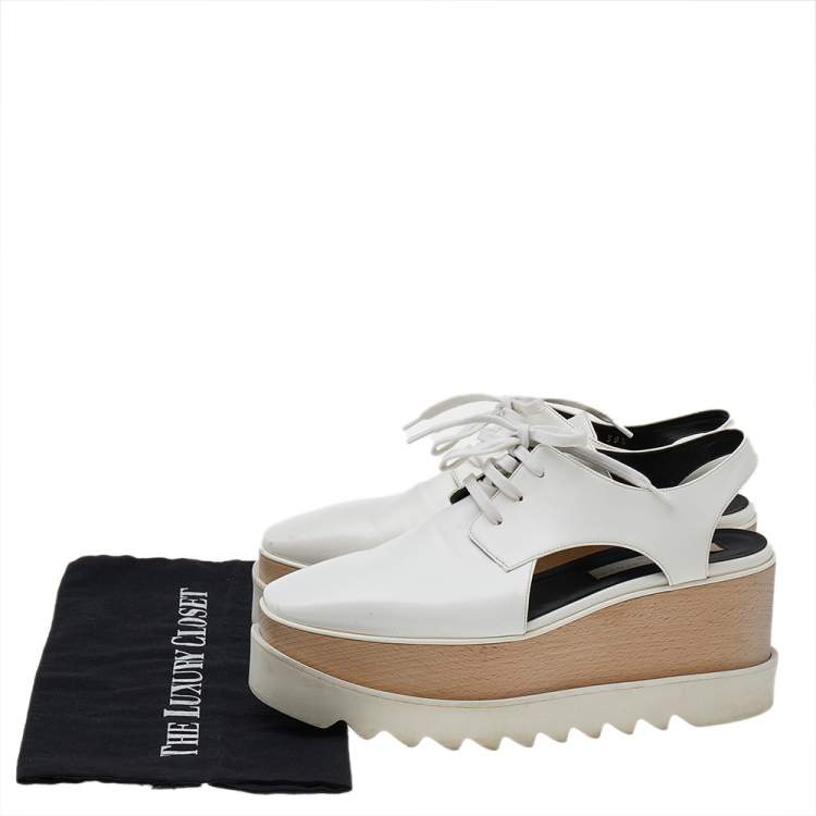 Pre Owned Stella McCartney White Faux Leather Elyse Cut Out Platform Sneakers Size 38.5