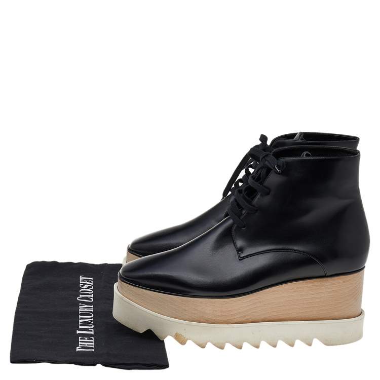 Pre Owned Stella McCartney Black Faux Leather Platform Lace Up Ankle Boots Size 38