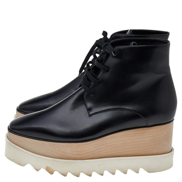 Pre Owned Stella McCartney Black Faux Leather Platform Lace Up Ankle Boots Size 38