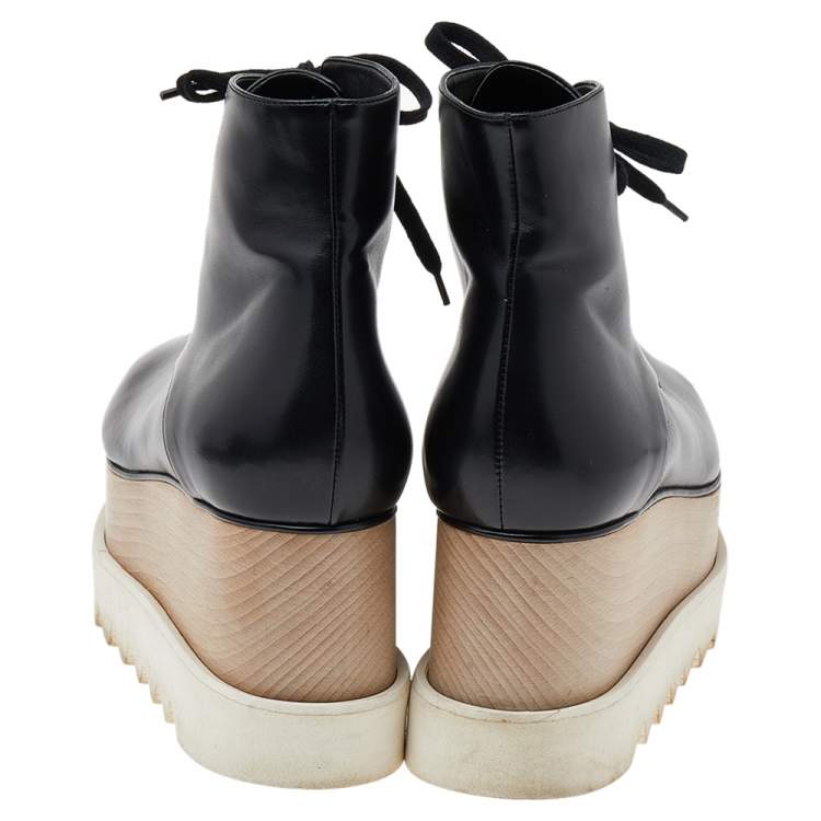 Pre Owned Stella McCartney Black Faux Leather Platform Lace Up Ankle Boots Size 38