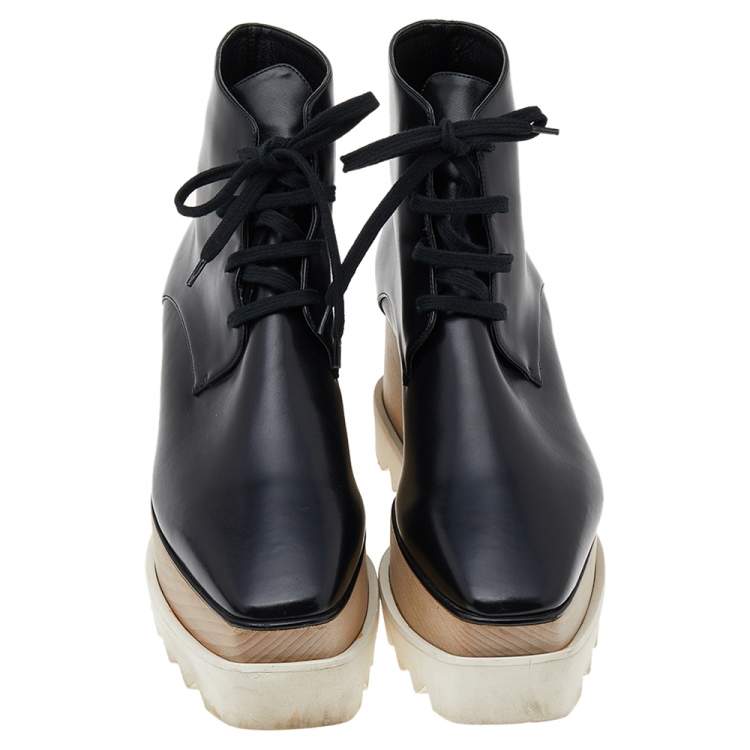 Pre Owned Stella McCartney Black Faux Leather Platform Lace Up Ankle Boots Size 38
