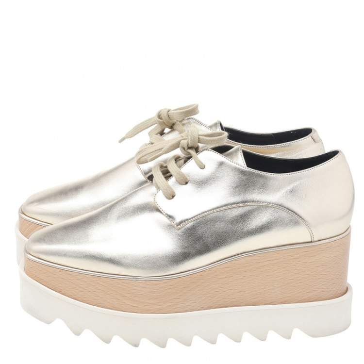 Pre Owned Stella McCartney Gold Faux Leather Elyse Platform Derby Size 36
