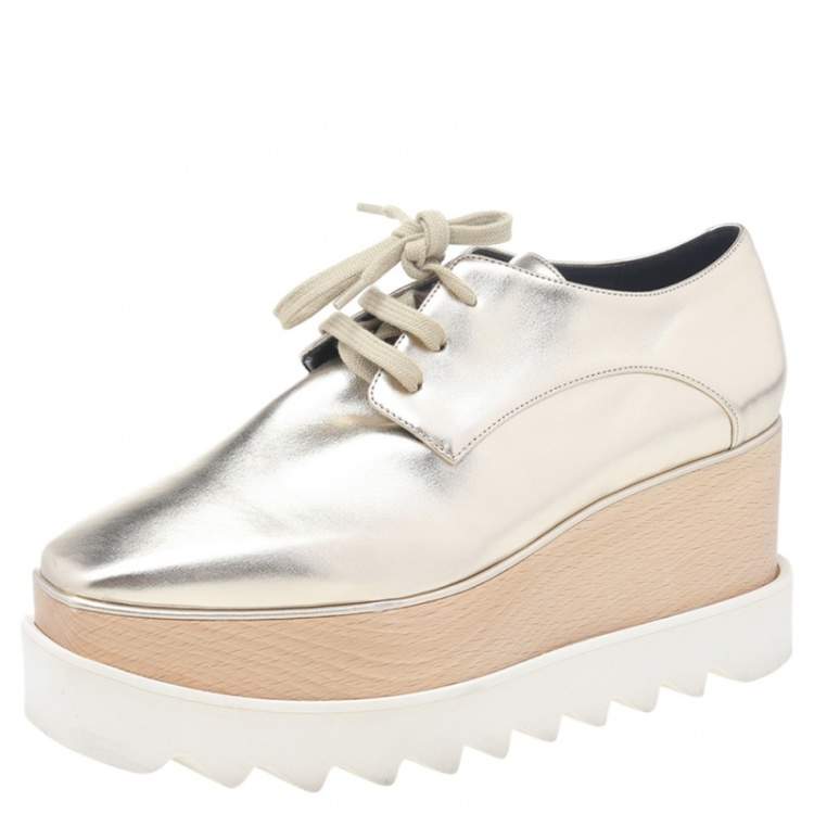 Pre Owned Stella McCartney Gold Faux Leather Elyse Platform Derby Size 36