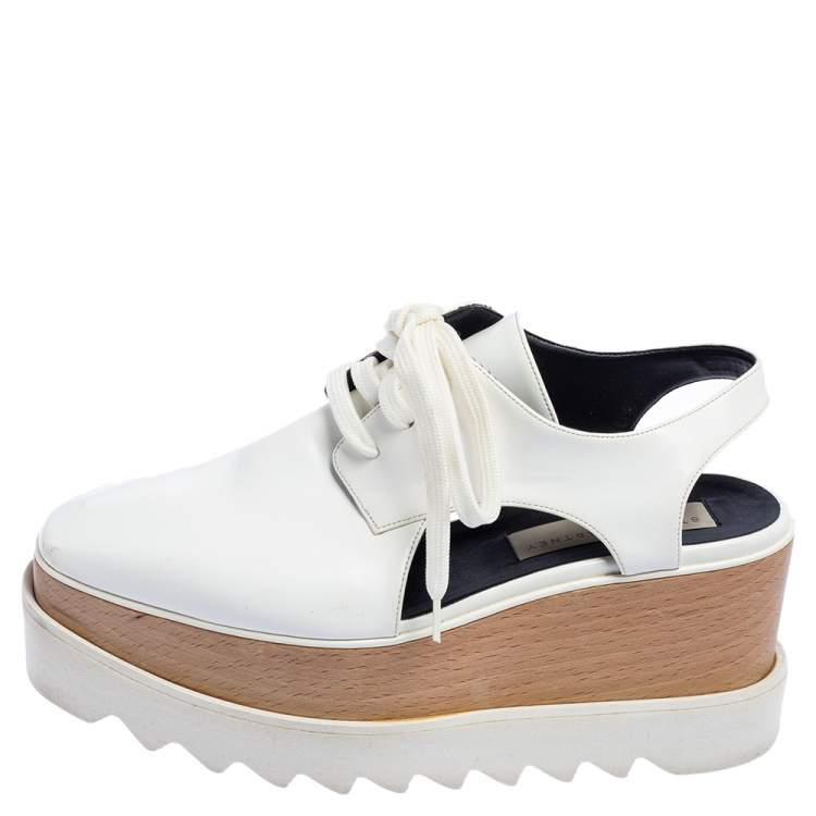 Pre Owned Stella McCartney White Faux Leather Elyse Cutout Platform Derby Size 36
