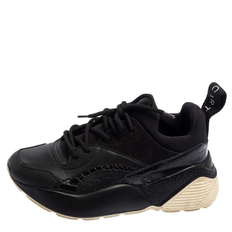 Pre Owned Stella McCartney Black Faux Leather and Faux Croc Leather Sneakers Size 38