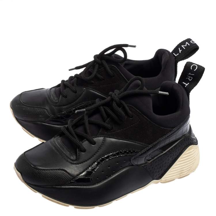 Pre Owned Stella McCartney Black Faux Leather and Faux Croc Leather Sneakers Size 38
