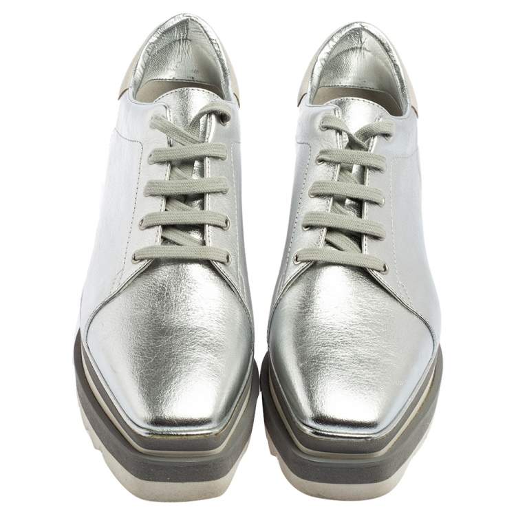 Pre Owned Stella McCartney Silver Faux Leather Elyse Platform Derby Sneakers Size 37