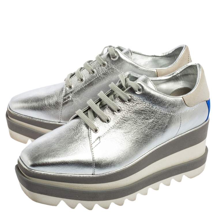 Pre Owned Stella McCartney Silver Faux Leather Elyse Platform Derby Sneakers Size 37