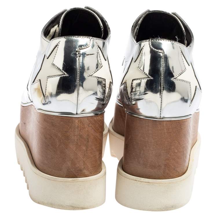 Pre Owned Stella McCartney Silver Faux Patent and Leather Elyse Star Platform Lace Up Sneakers Size 37