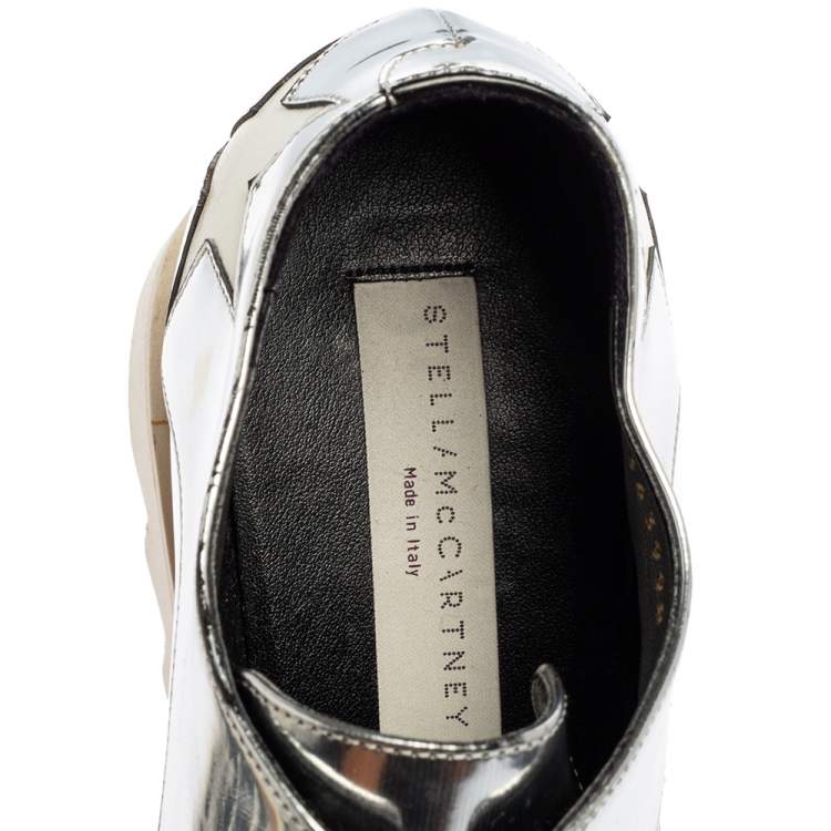 Pre Owned Stella McCartney Silver Faux Patent and Leather Elyse Star Platform Lace Up Sneakers Size 37