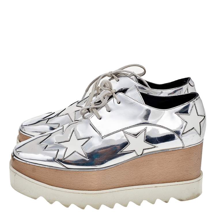Pre Owned Stella McCartney Silver/White Faux Patent And Leather Elyse Star Platform Lace Up Sneakers Size 38