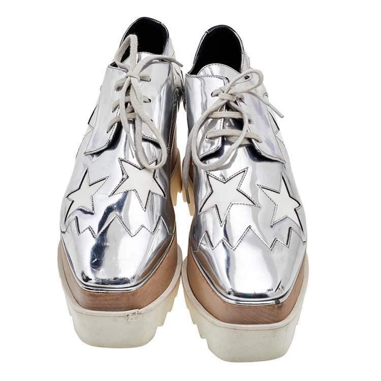 Pre Owned Stella McCartney Silver/White Faux Patent And Leather Elyse Star Platform Lace Up Sneakers Size 38