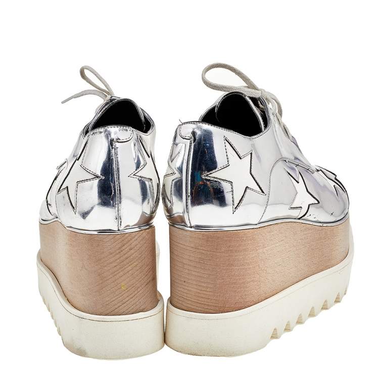 Pre Owned Stella McCartney Silver/White Faux Patent And Leather Elyse Star Platform Lace Up Sneakers Size 38