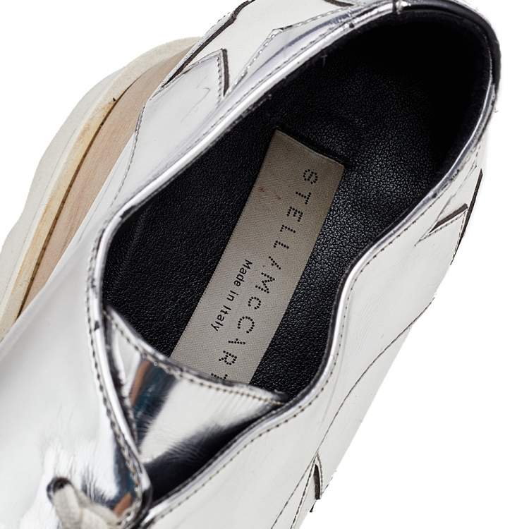 Pre Owned Stella McCartney Silver/White Faux Patent And Leather Elyse Star Platform Lace Up Sneakers Size 38