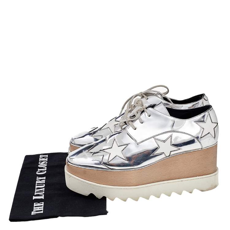 Pre Owned Stella McCartney Silver/White Faux Patent And Leather Elyse Star Platform Lace Up Sneakers Size 38