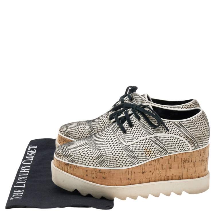 Pre Owned Stella McCartney Monochrome Woven Faux Leather Elyse Star Platform Derby Sneakers Size 36.5