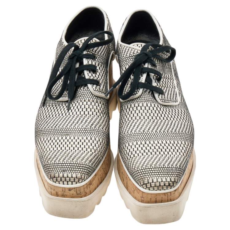 Pre Owned Stella McCartney Monochrome Woven Faux Leather Elyse Star Platform Derby Sneakers Size 36.5