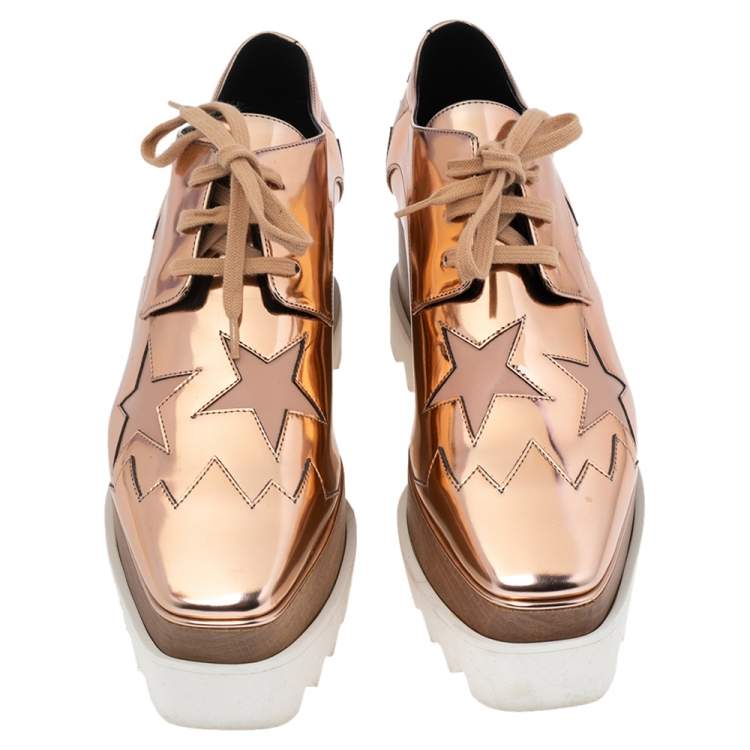 Pre Owned Stella McCartney Rose Gold  Faux Patent and Leather Elyse Star Platform Lace Up Sneakers Size 36