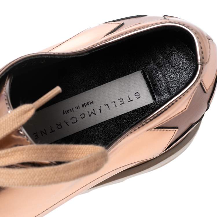 Pre Owned Stella McCartney Rose Gold  Faux Patent and Leather Elyse Star Platform Lace Up Sneakers Size 36