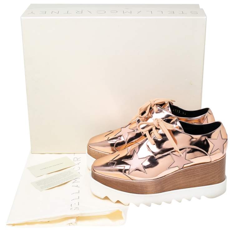 Pre Owned Stella McCartney Rose Gold  Faux Patent and Leather Elyse Star Platform Lace Up Sneakers Size 36