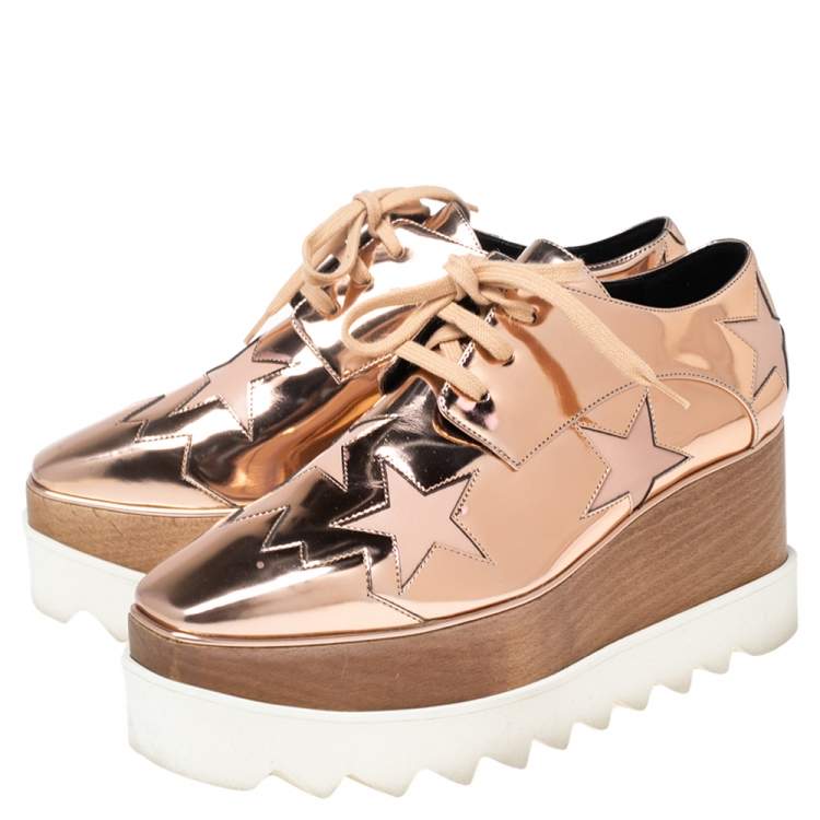 Pre Owned Stella McCartney Rose Gold  Faux Patent and Leather Elyse Star Platform Lace Up Sneakers Size 36