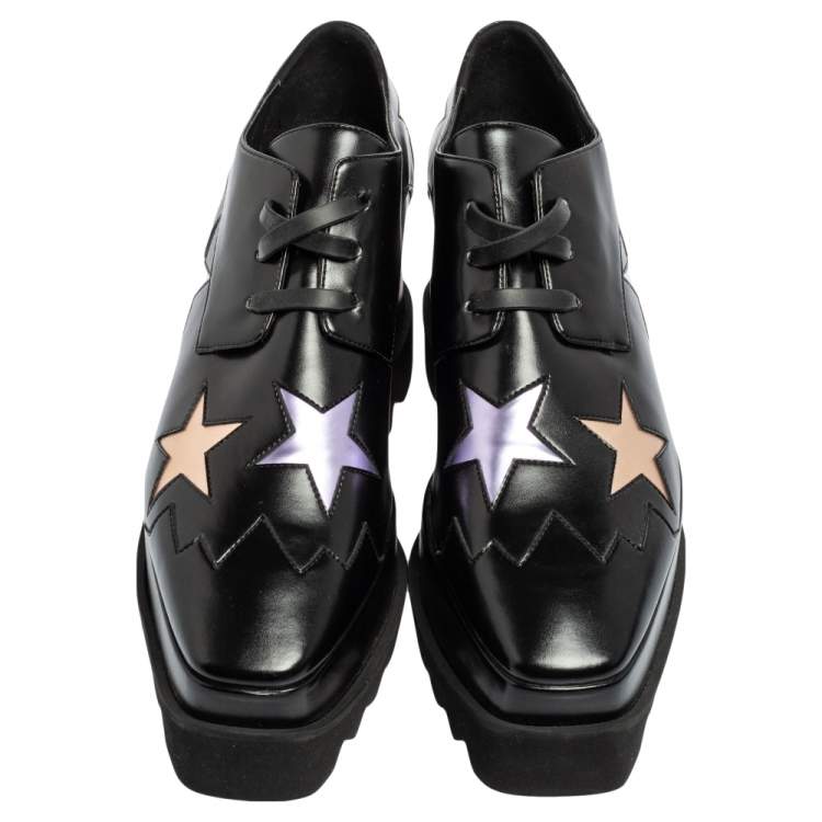 مملوكة مسبقًا Stella McCartney Black Faux Leather Elyse Star Platform Lace Up Sneakers Size 39