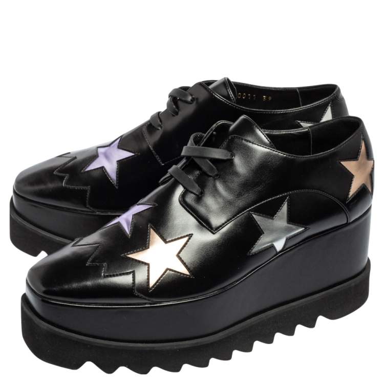 مملوكة مسبقًا Stella McCartney Black Faux Leather Elyse Star Platform Lace Up Sneakers Size 39