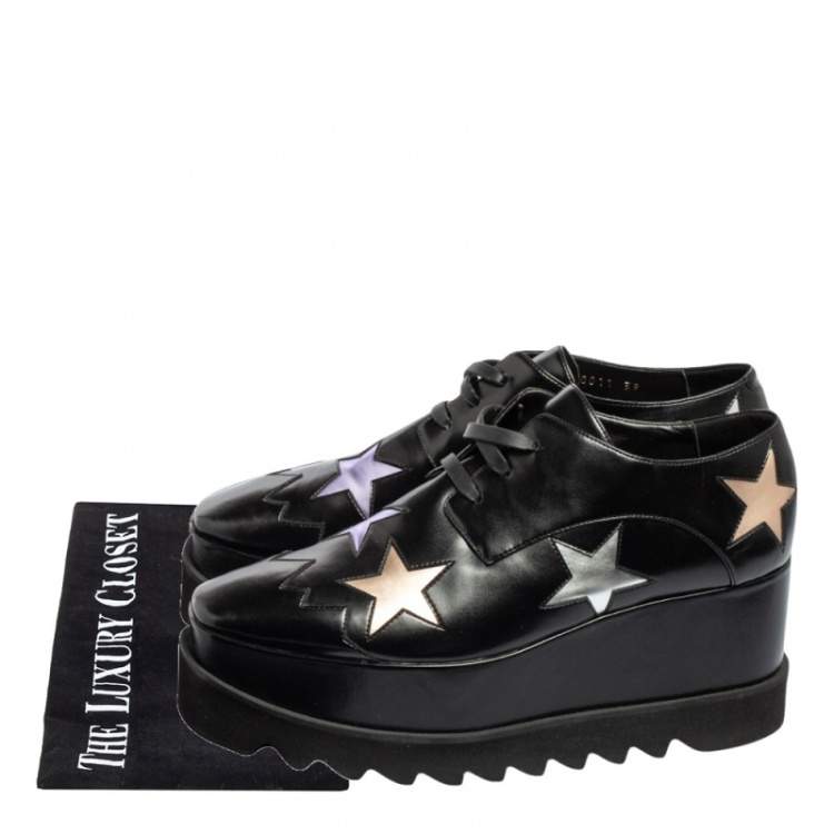 مملوكة مسبقًا Stella McCartney Black Faux Leather Elyse Star Platform Lace Up Sneakers Size 39