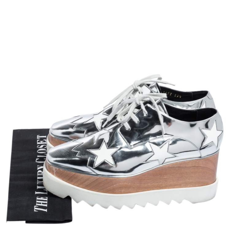 Pre Owned Stella McCartney Silver Faux Patent and Faux Leather Elyse Star Platform Sneakers Size 38.5