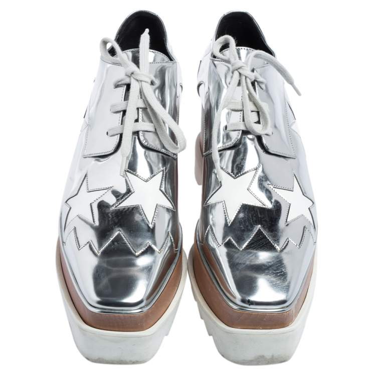 Pre Owned Stella McCartney Silver Faux Patent and Faux Leather Elyse Star Platform Sneakers Size 38.5