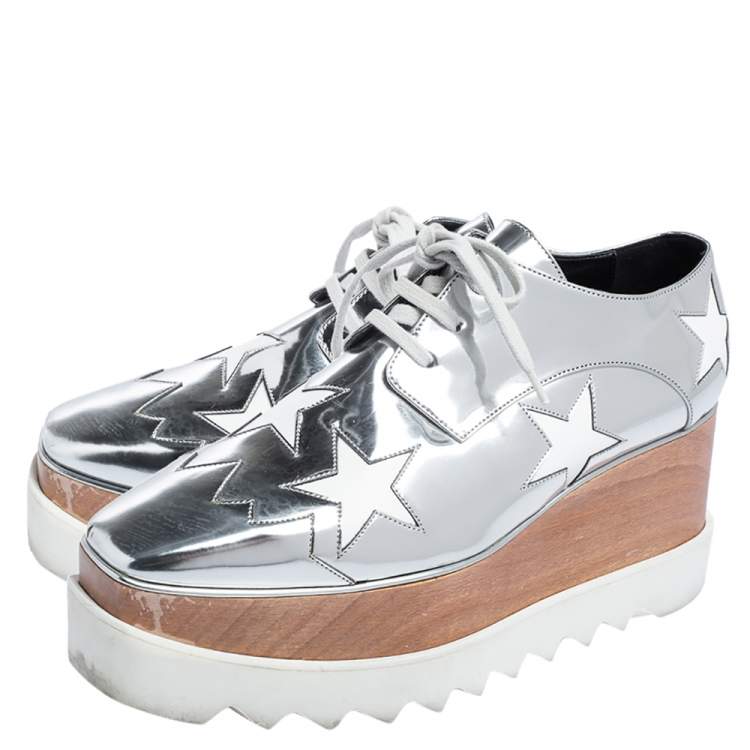 Pre Owned Stella McCartney Silver Faux Patent and Faux Leather Elyse Star Platform Sneakers Size 38.5