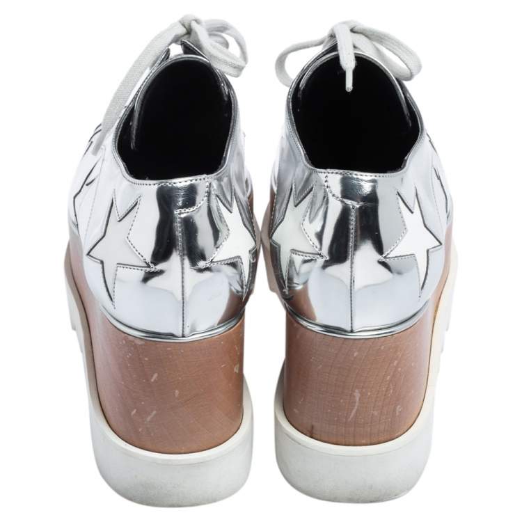 Pre Owned Stella McCartney Silver Faux Patent and Faux Leather Elyse Star Platform Sneakers Size 38.5