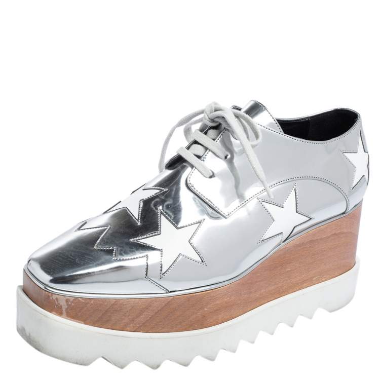 Pre Owned Stella McCartney Silver Faux Patent and Faux Leather Elyse Star Platform Sneakers Size 38.5