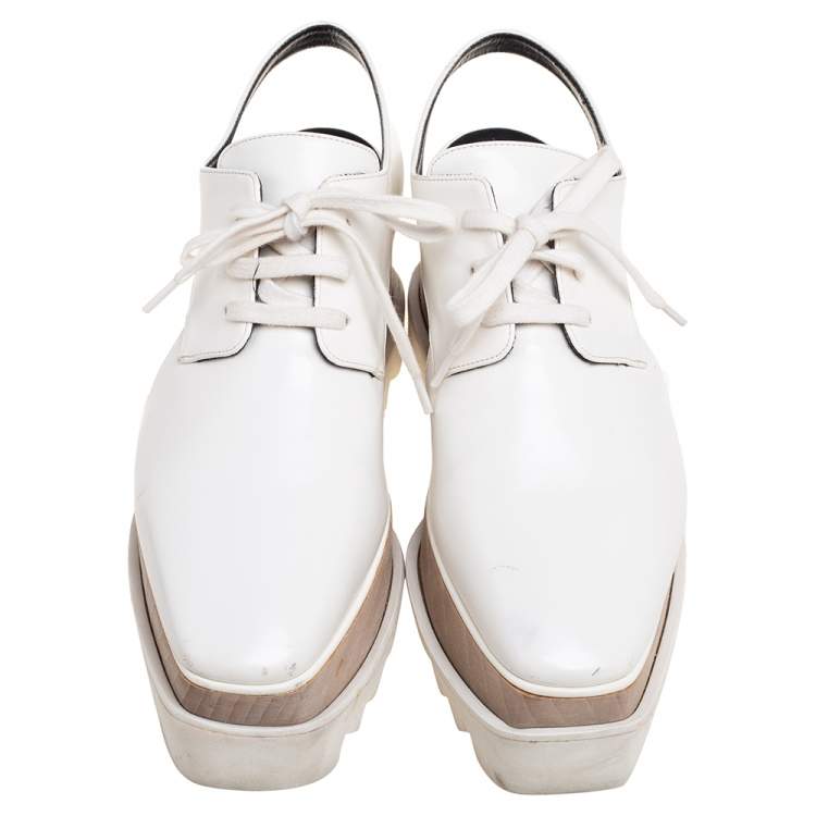 Pre Owned Stella McCartney White Faux Leather Elyse Cutout Platform Derby Size 36