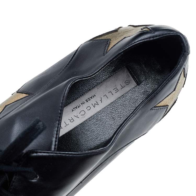 Pre Owned Stella McCartney Black/Gold Faux Leather Elyse Star Platform Derby Size 39